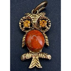 Vintage Owl Pendant Gold Tone Orange Rhinestones Tiger Eye Boho